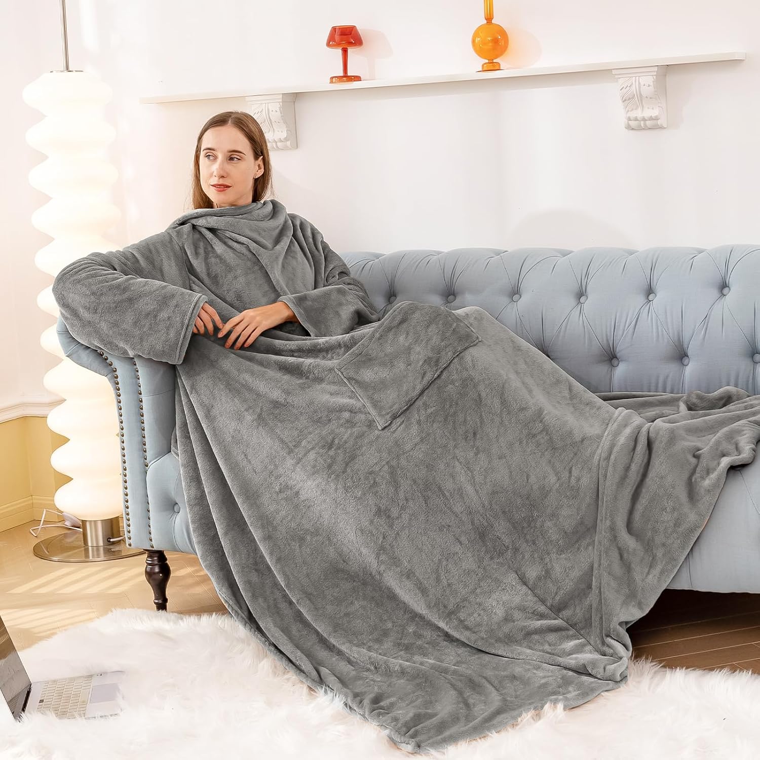 WOLTU Grey Fleece Wearable Blanket with Sleeves and Foot Pocket